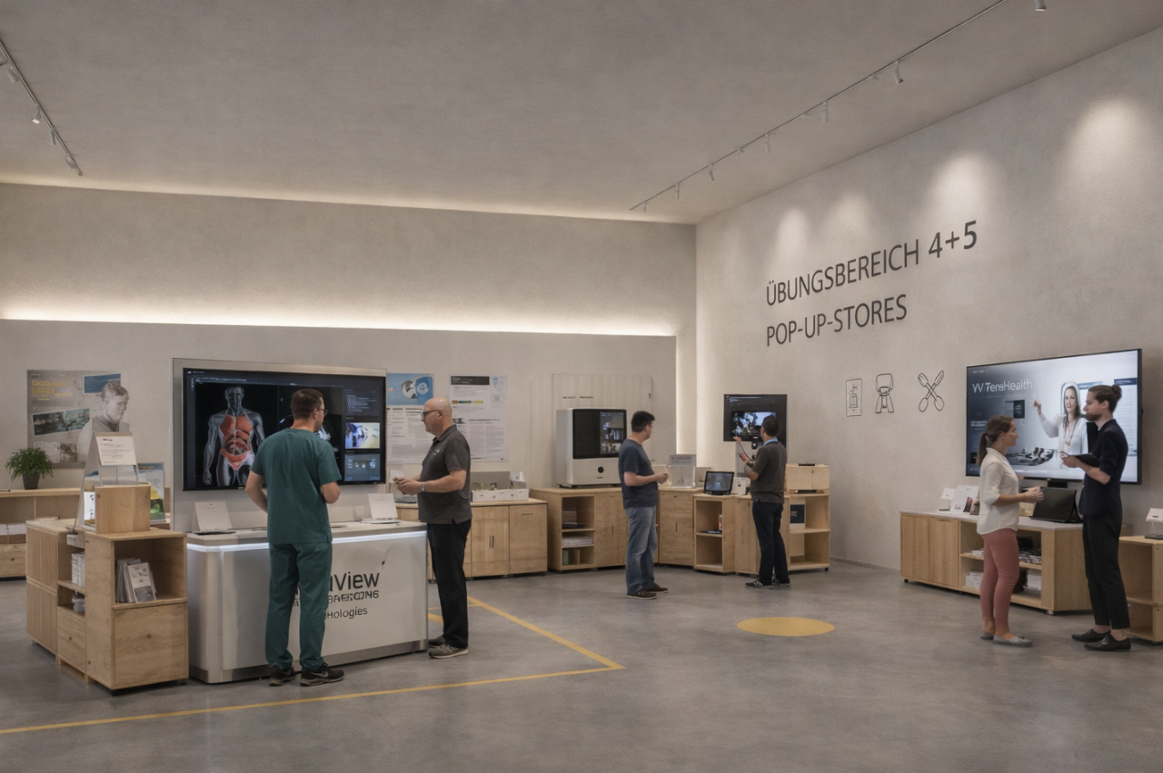 Am Foto sind mehrere Personen zu sehen, die in drei Gruppen zusammenstehen miteinander sprechen.
