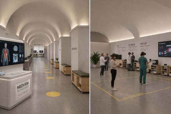 Man sieht zwei Fotos in einem zusammengestellt - rechts sieht man Personen an Simulatoren, links ist ein längerer Gang.